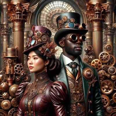 The primary subject of the image is a man and a woman, both dressed in Victorian-era clothing. The man is wearing a top hat and goggles, while the woman is wearing a hat with a feather. They are standing in front of a clock, which is a prominent feature in the scene. The setting appears to be a clock tower, with the couple posing in front of it. The visual style of the image is a combination of digital art and illustration, creating a unique and intricate scene